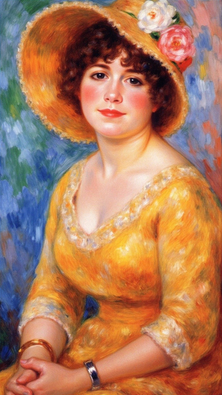 Young Woman in Yellow Dress with Straw Hat Painting