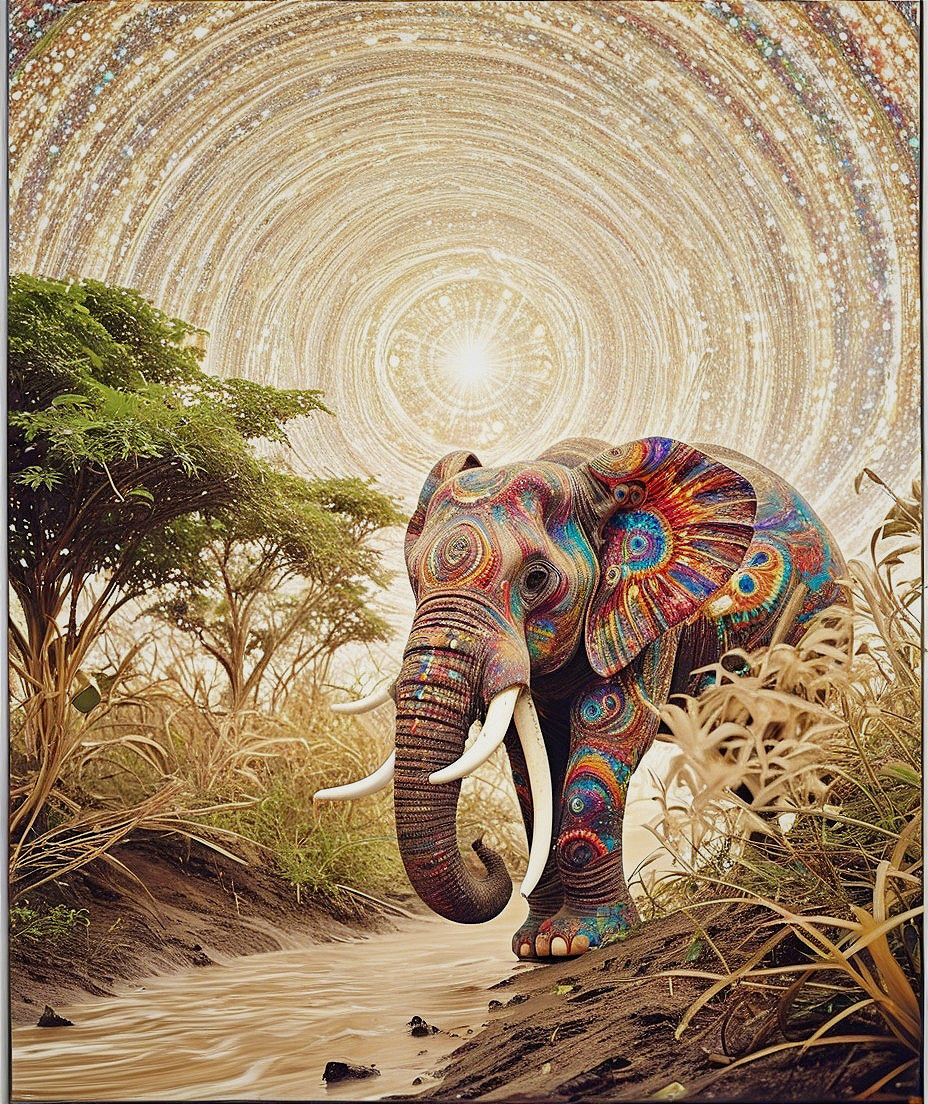 Vibrant Elephant by Shimmering Riverbank in Nature