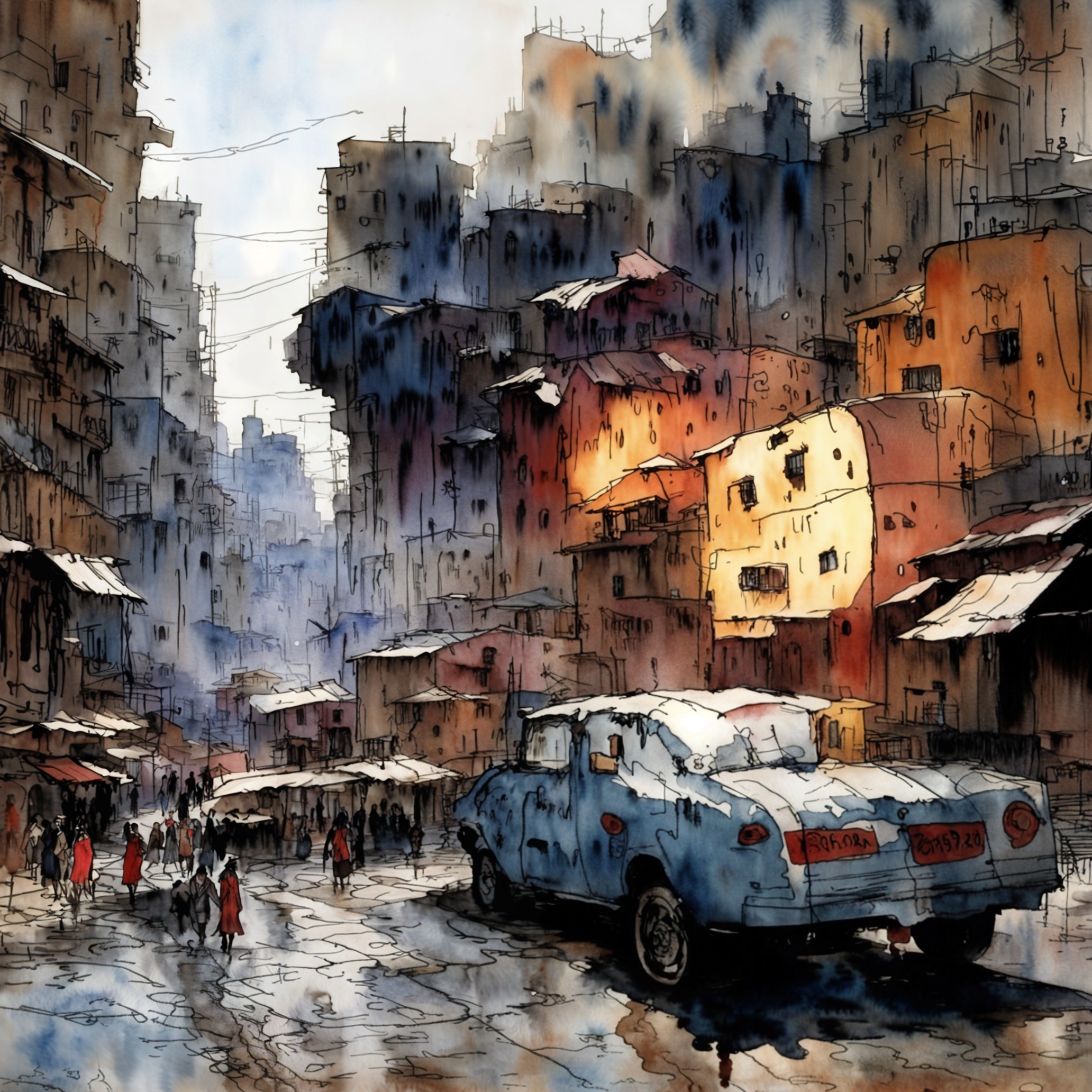 Watercolor Urban Street Scene with Vintage Car