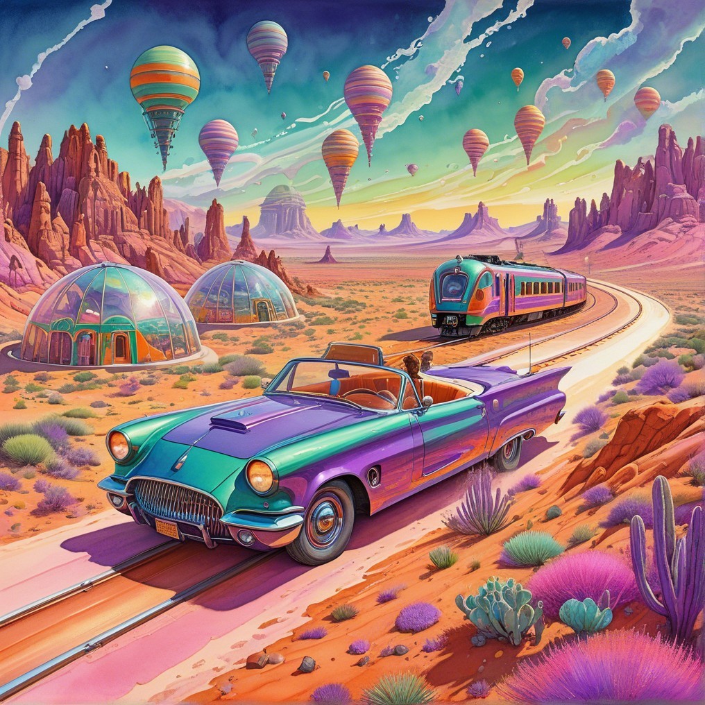 Surreal Landscape with Convertible and Hot Air Balloons