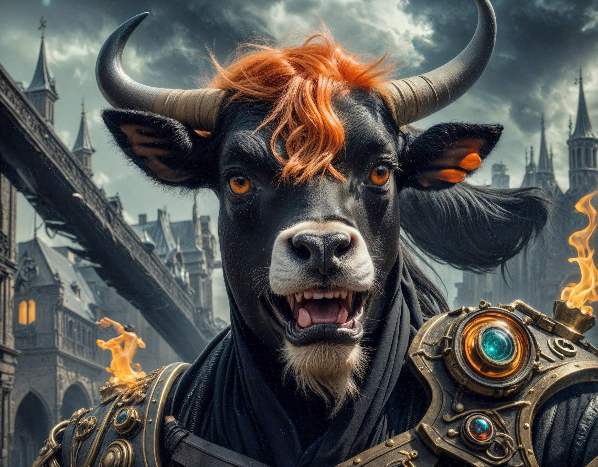 Fierce Anthropomorphic Bull in Gothic Cityscape
