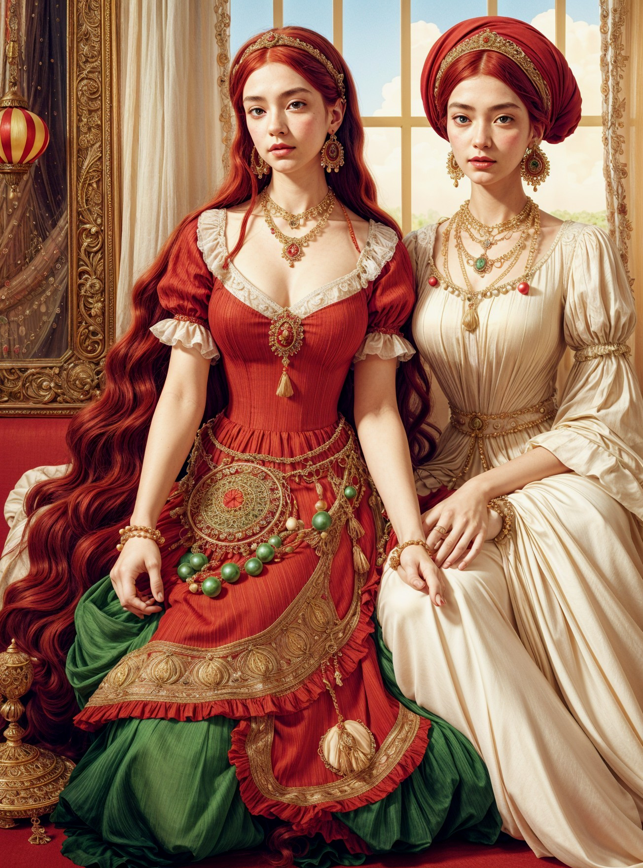 Elegant Women in Detailed Room with Whimsical Sky