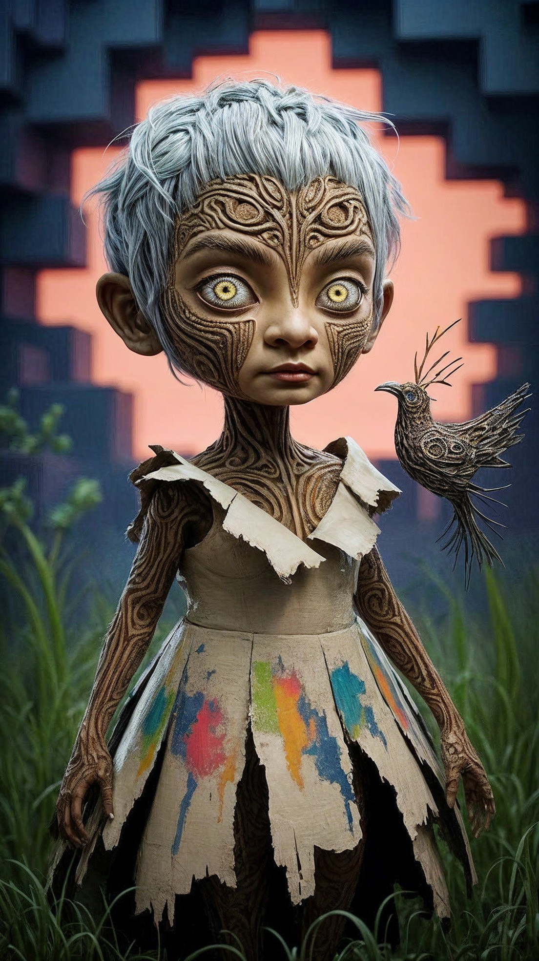 Whimsical Character Surrounded by Lush Greenery