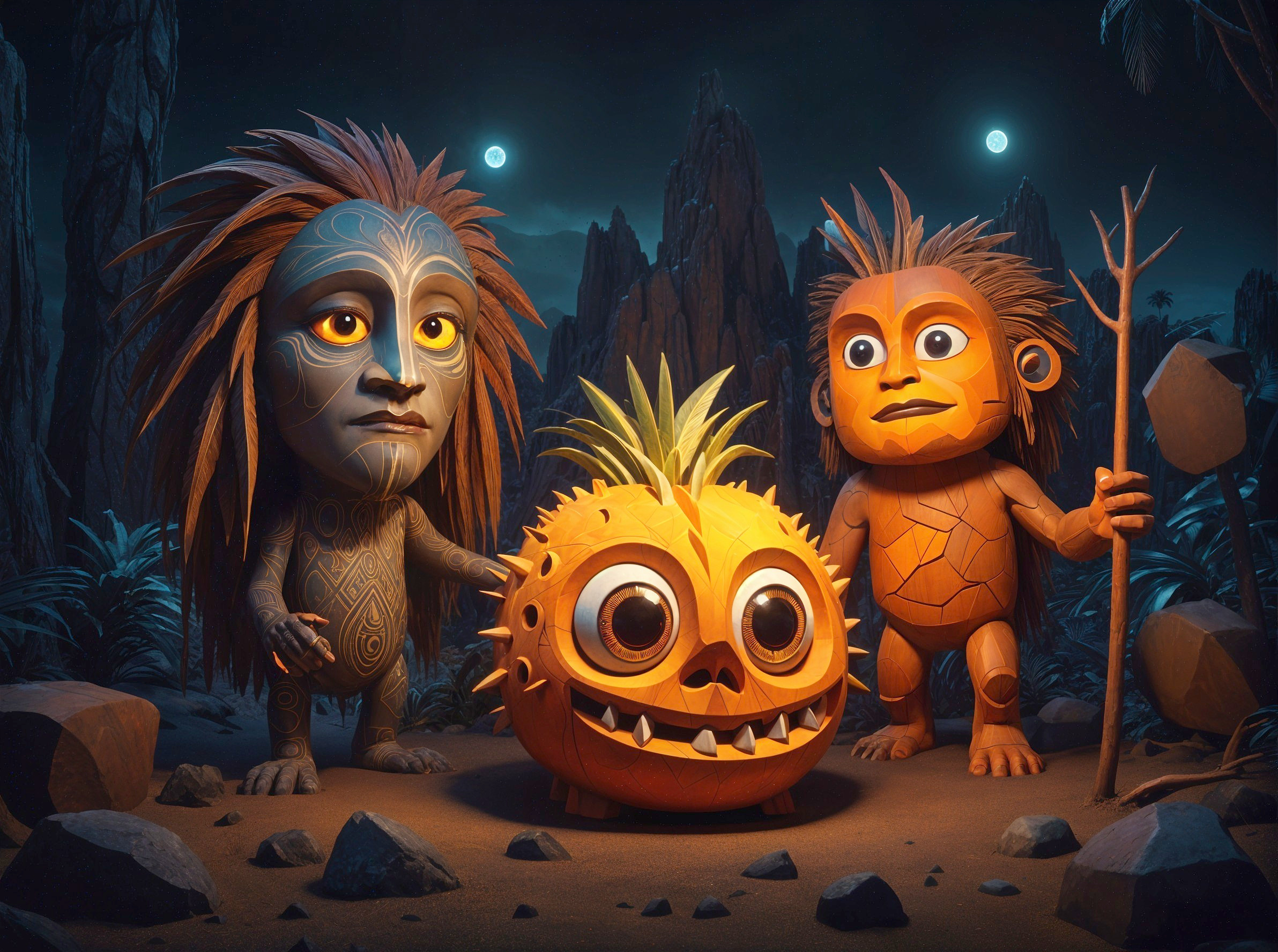 Mystical Landscape with Stylized Characters and Moons