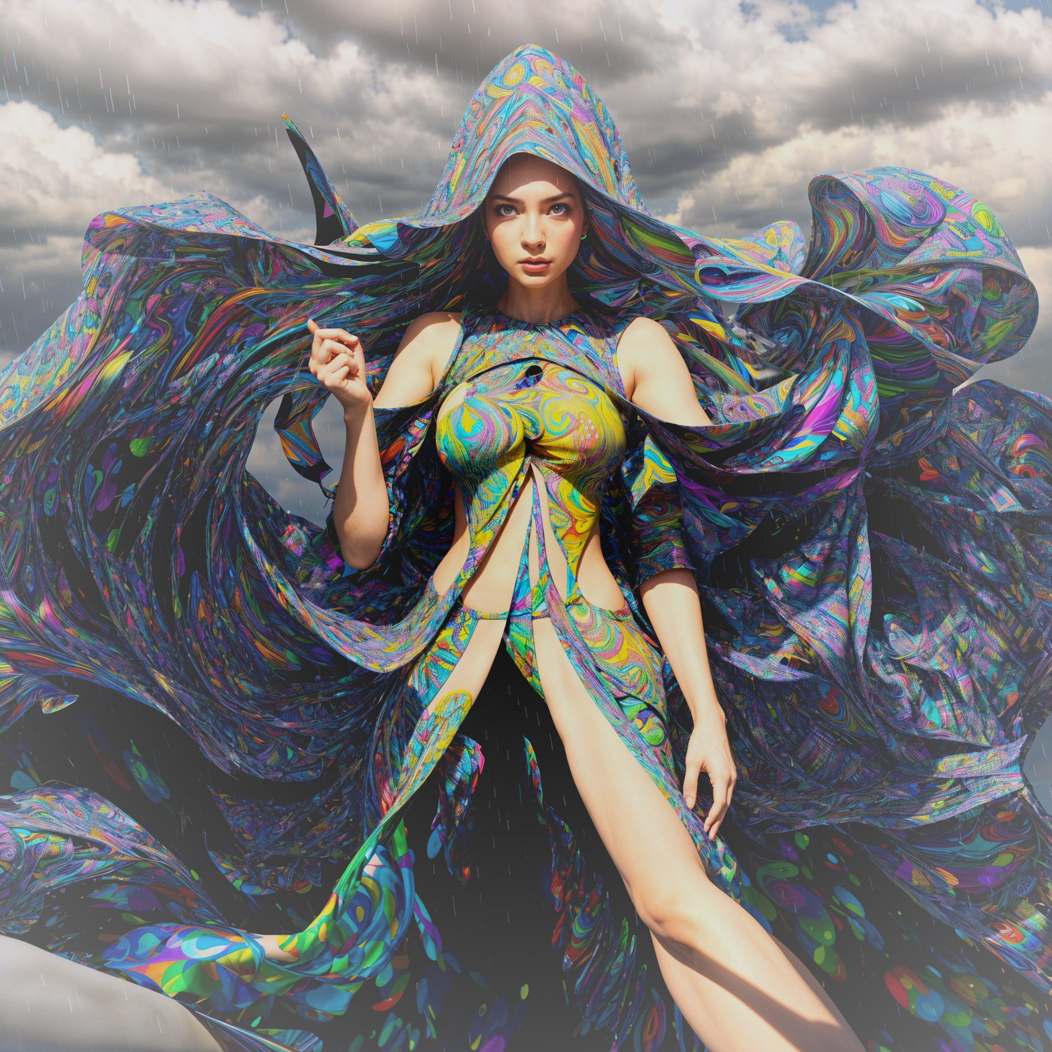 Mystical Figure in Vibrant Gown Under Stormy Sky