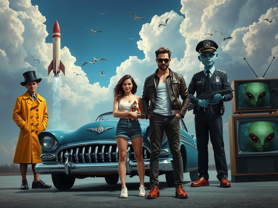 Vintage Blue Car Under Dramatic Sky with Figures