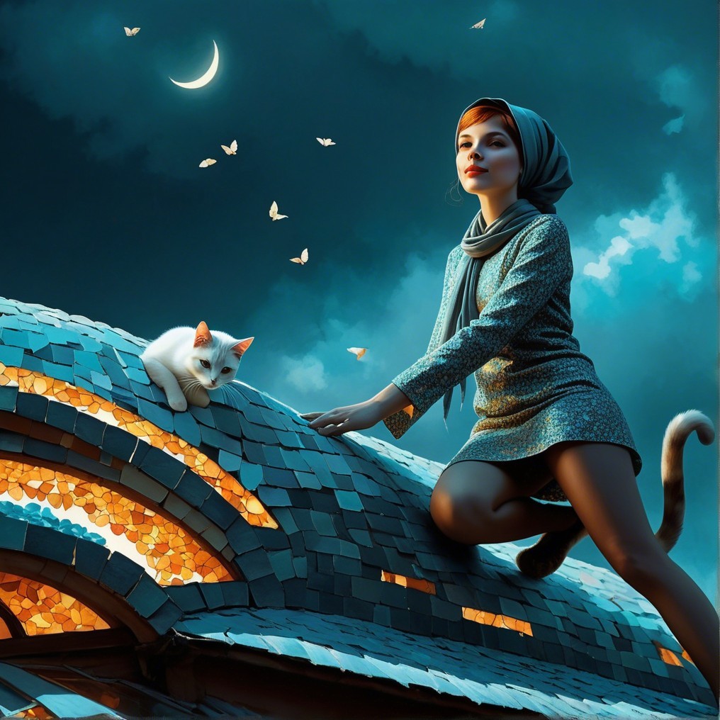 Young Woman with Cat on Rooftop Under Moonlight