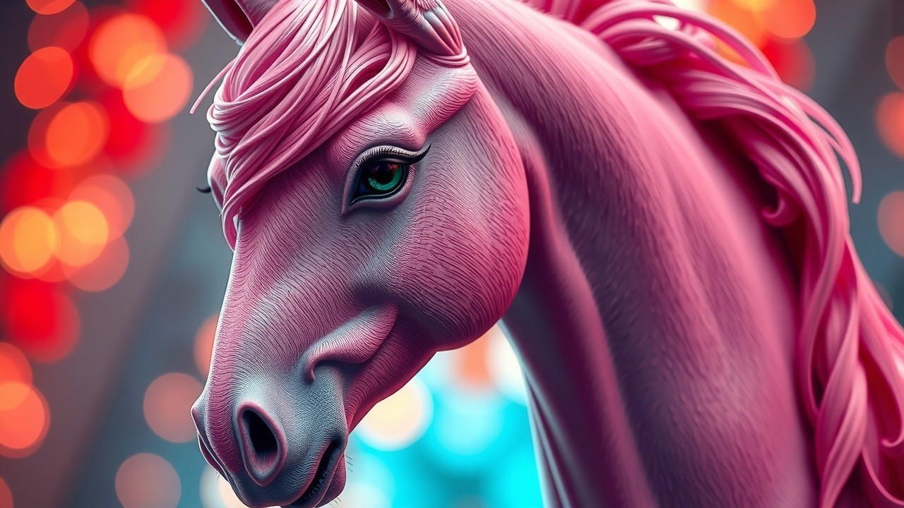 Vibrant Pink Unicorn with Glossy Mane and Bokeh Lights