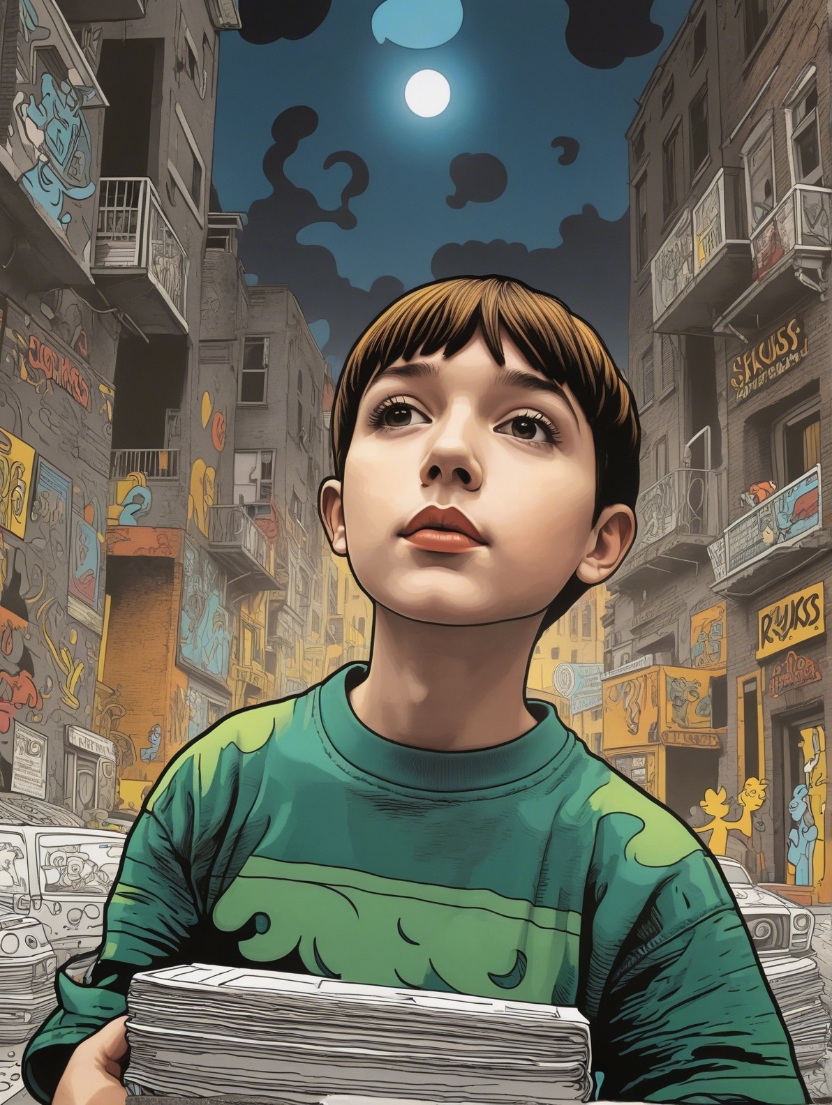 Young Boy in City Street with Newspapers and Graffiti
