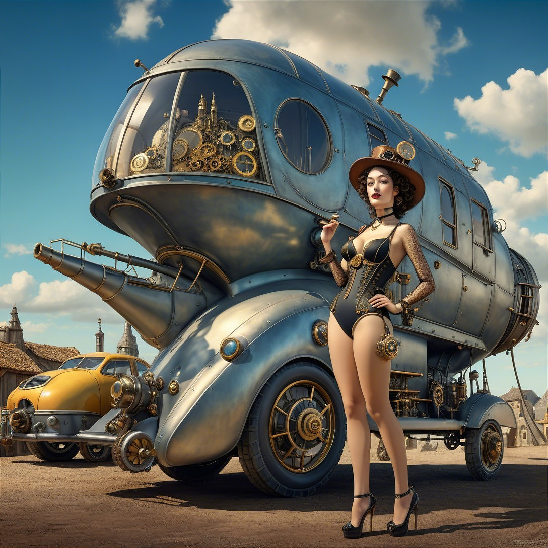 Steampunk Scene with Vintage Airship and Stylish Woman