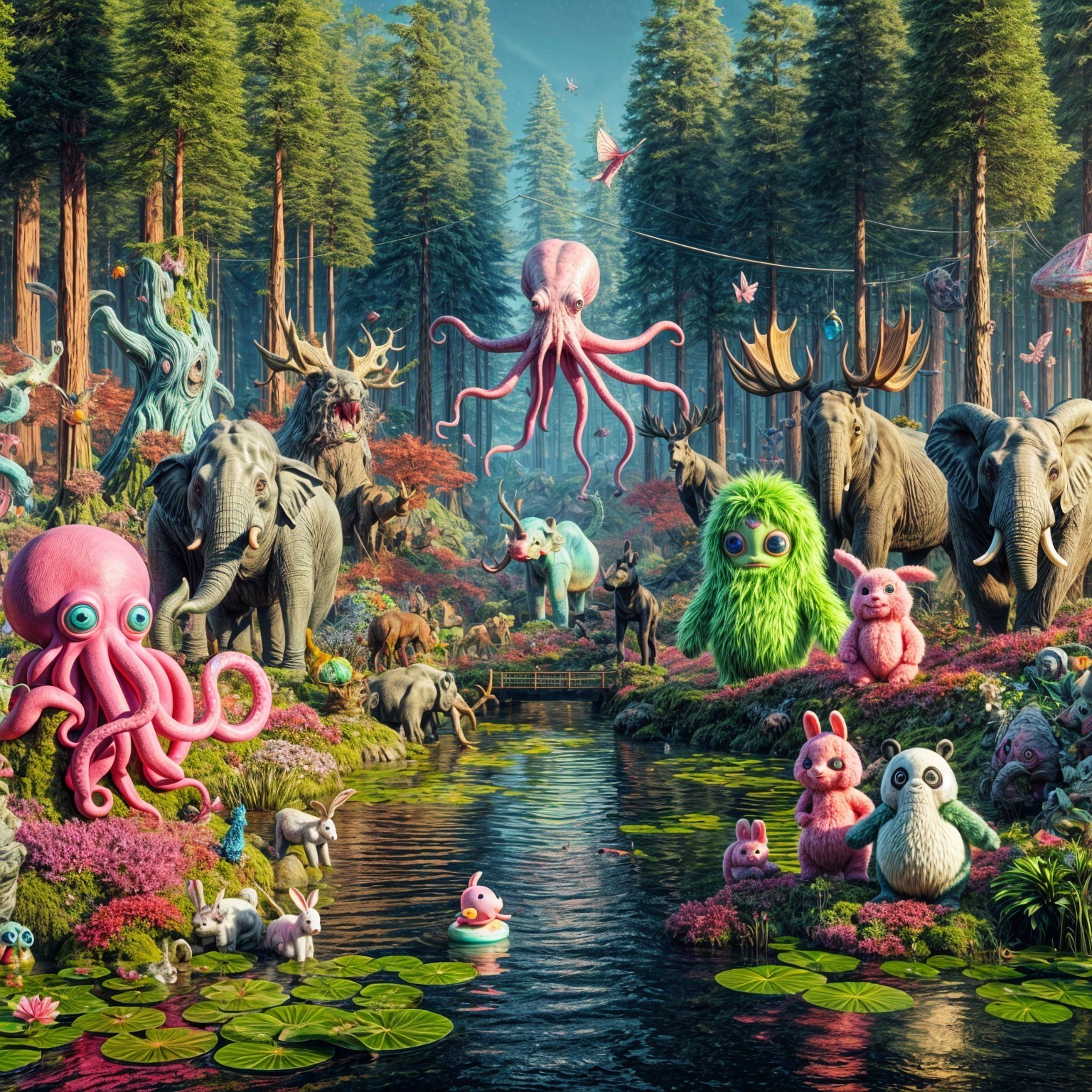 Colorful Creatures in a Whimsical Forest Scene