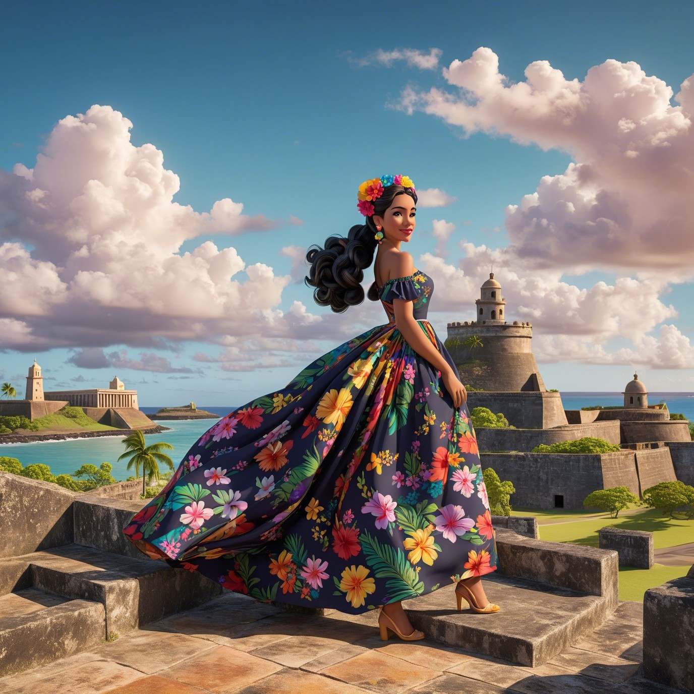 Vibrant Animated Scene of Woman in Floral Gown
