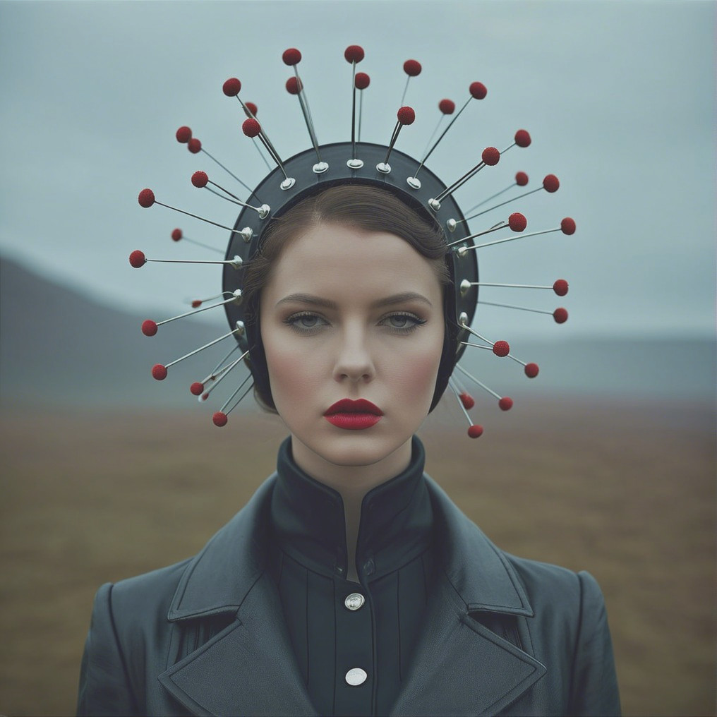 Avant-garde woman with dramatic headpiece and coat