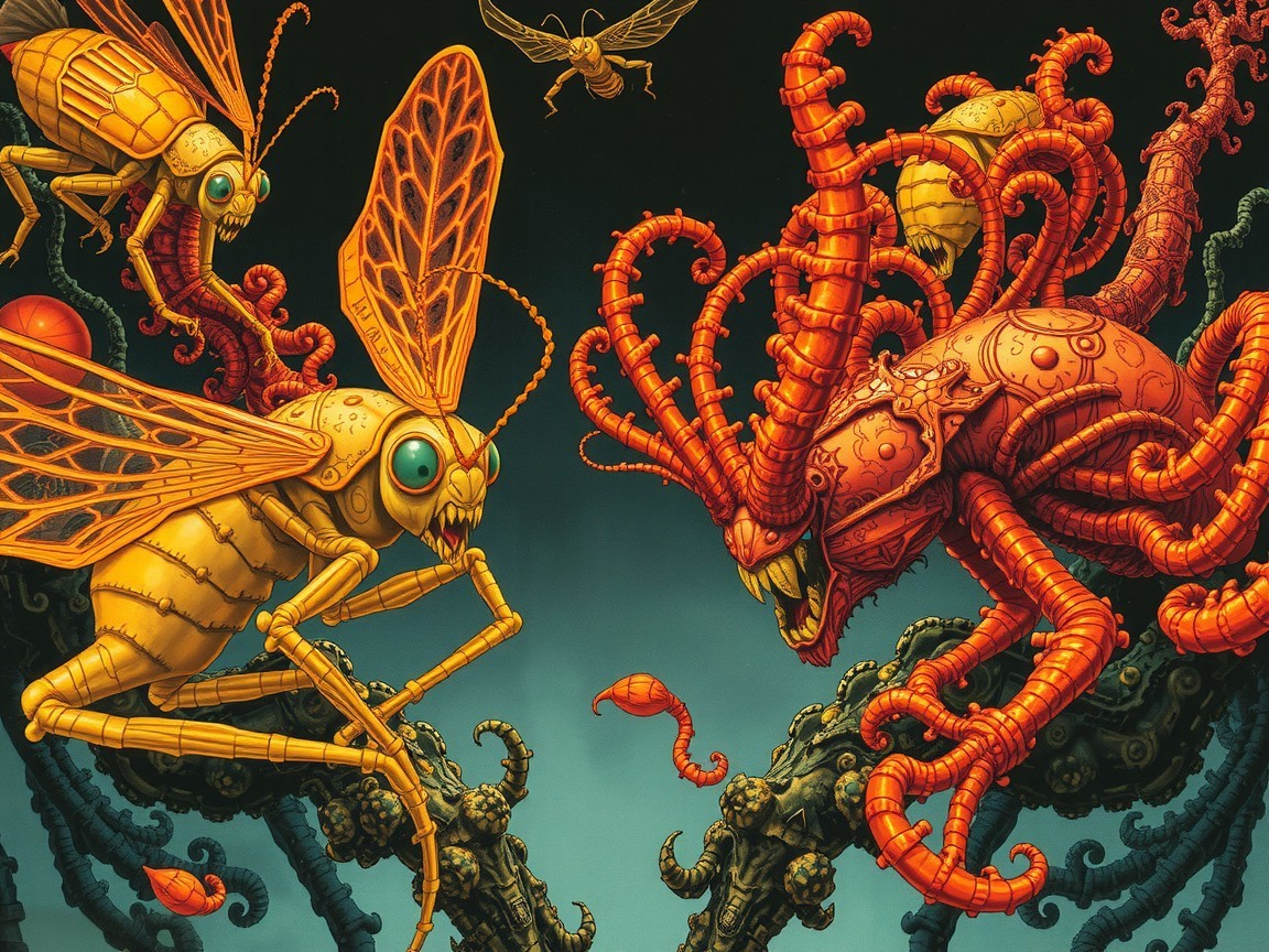 Surreal Scene with Oversized Insects and Creatures