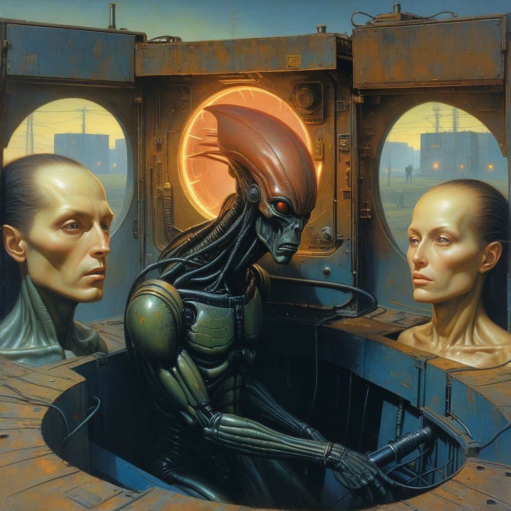 Futuristic Sci-Fi Scene with Alien and Human Figures