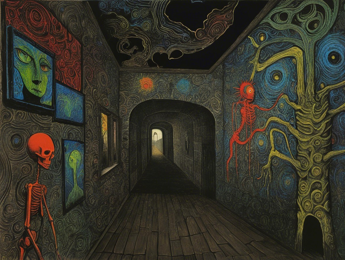 Surreal Indoor Hallway with Colorful Skeleton Paintings