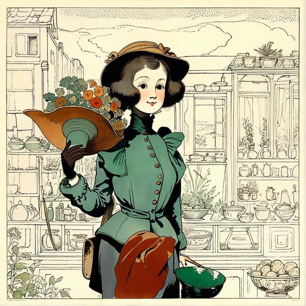 Young Woman in Vintage Attire in Garden Shop Setting