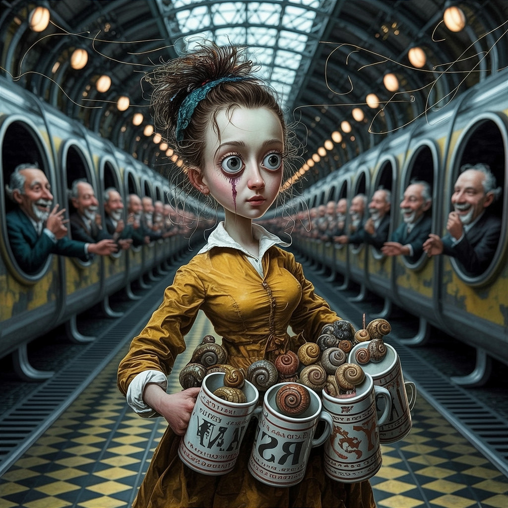 Surreal Subway Scene with Vintage Dress and Snails
