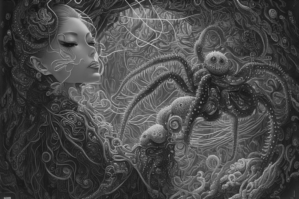Surreal Black-and-White Illustration of a Mysterious Woman