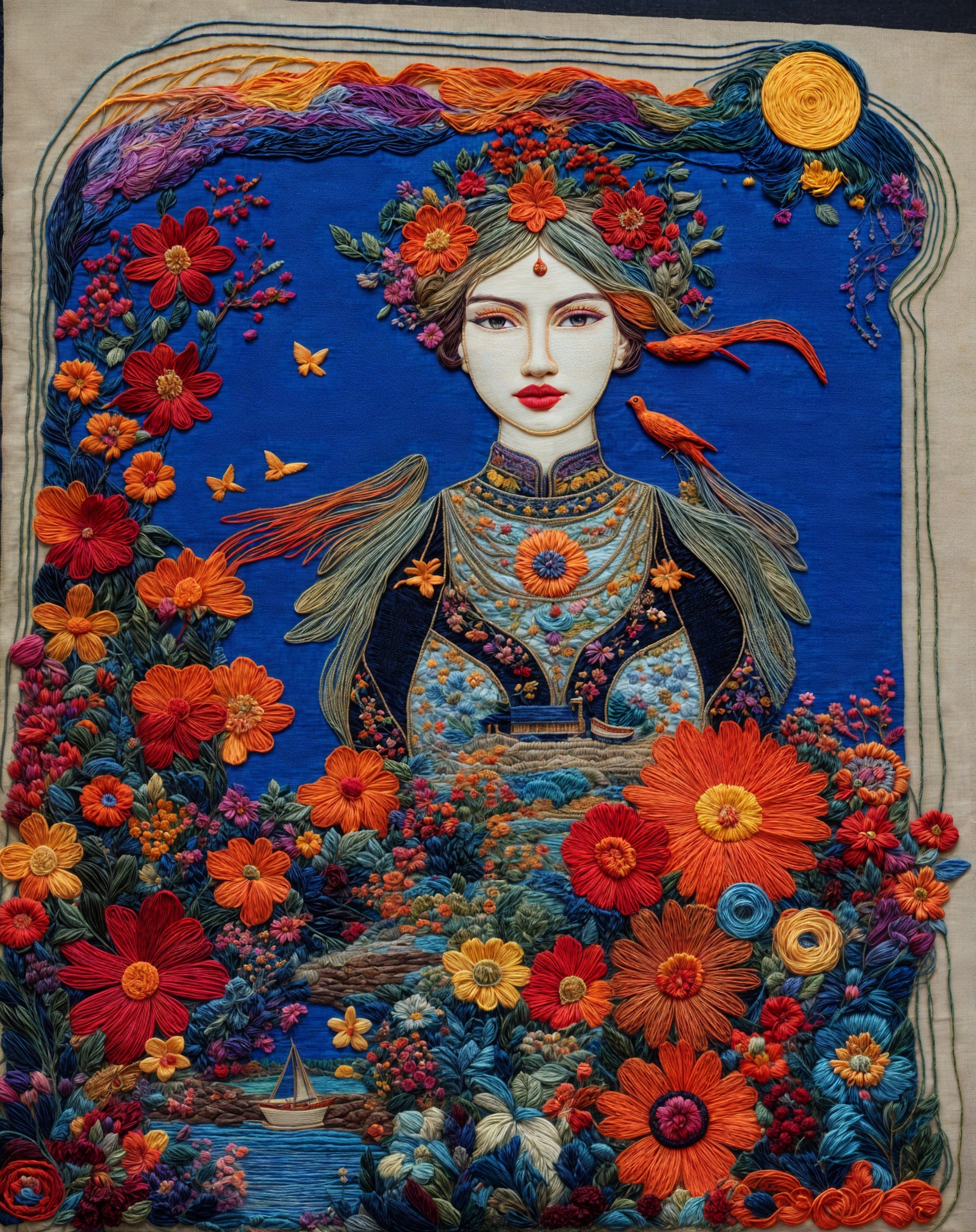 Embroidered Portrait of a Woman with Floral Accents