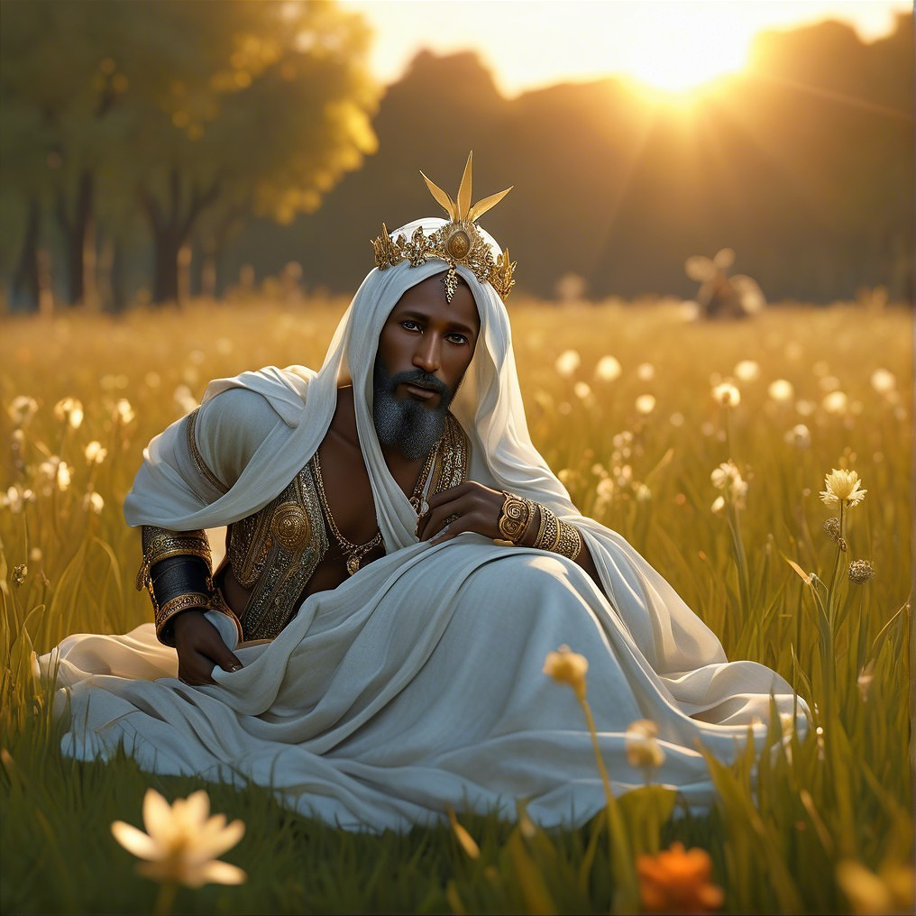 Regal Figure in White Robes in Sunlit Meadow