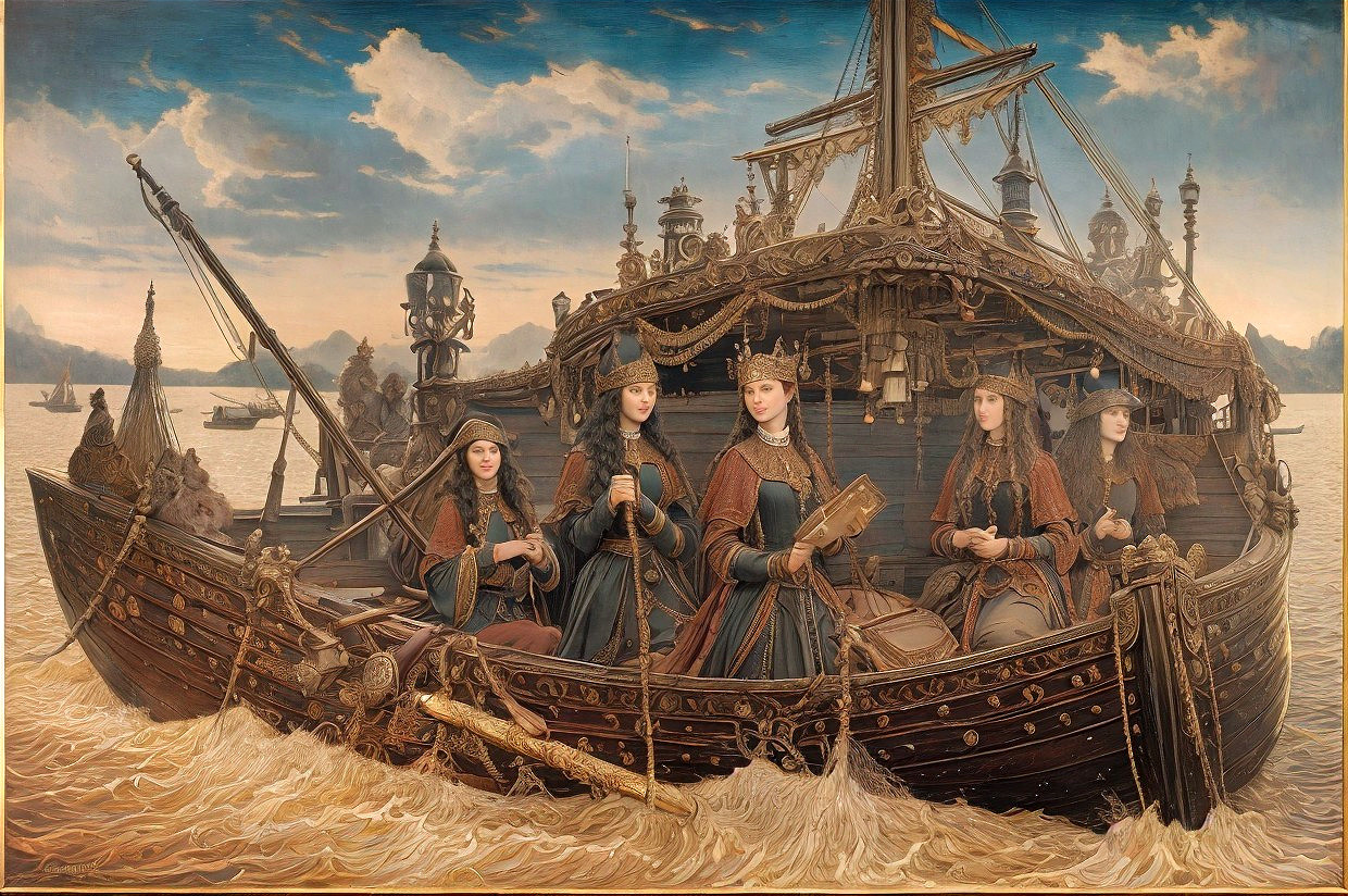 Majestic ship with elegantly dressed women on shimmering waters