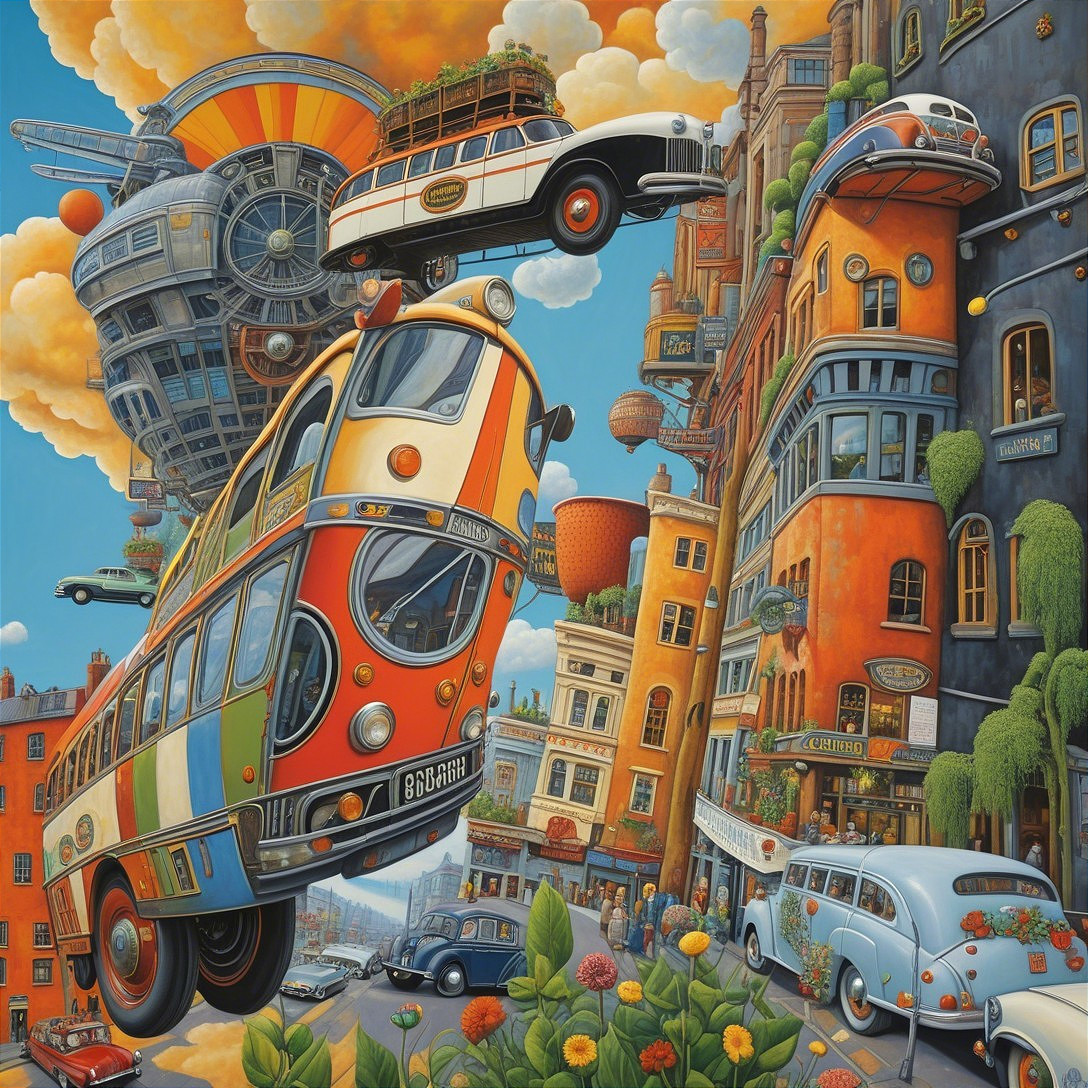 Surreal cityscape with floating cars and colorful buildings