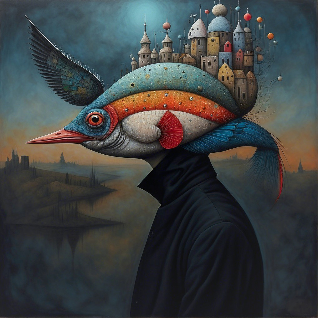 Surreal Figure with Fish Head and Whimsical Cityscape