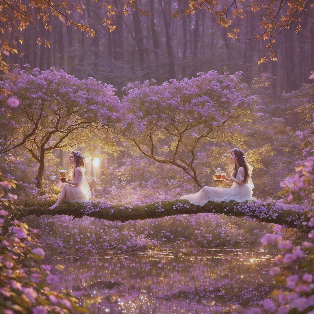 Ethereal Figures in White Dresses in Serene Forest
