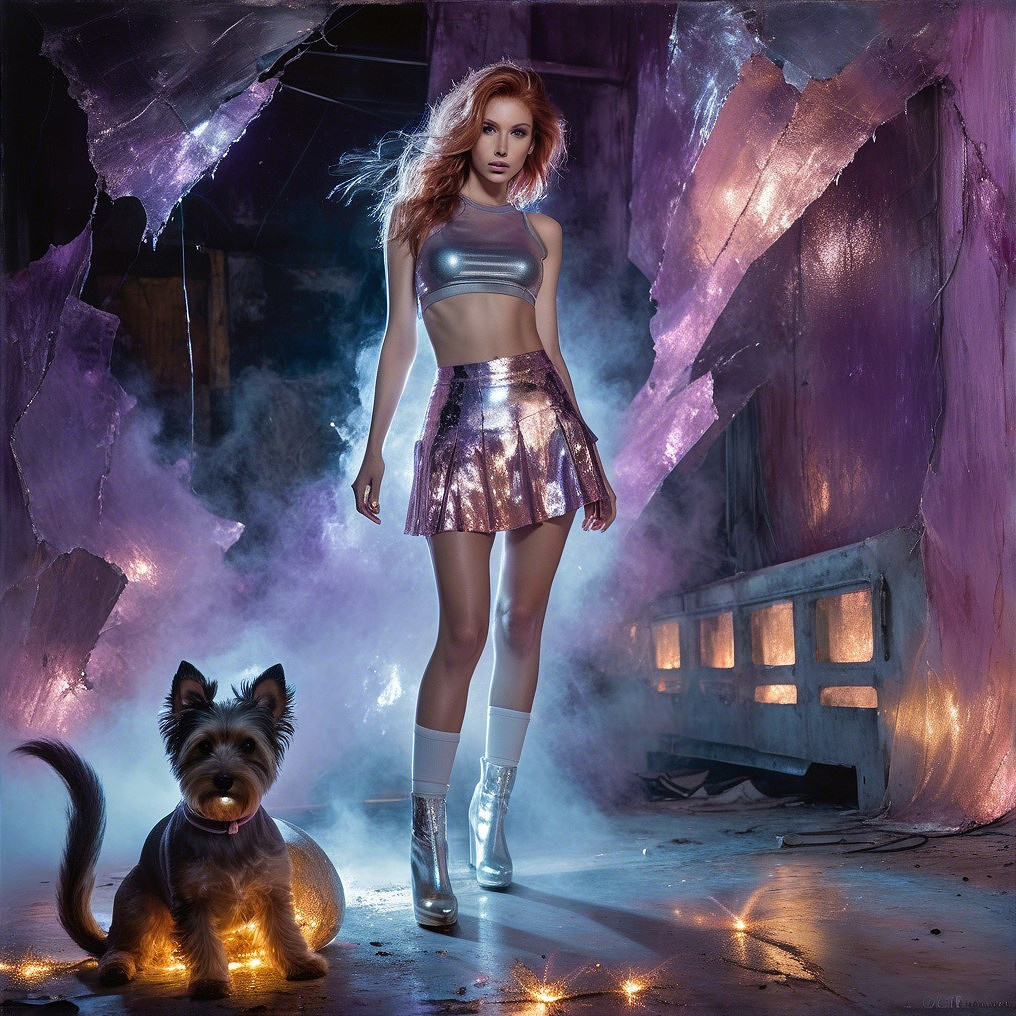 Young Woman in Silver Outfit with Playful Dog