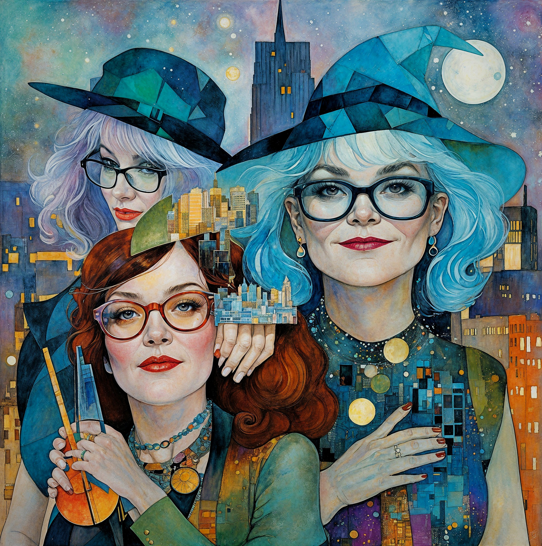 Stylish Women with Hats Against a Vibrant Skyline