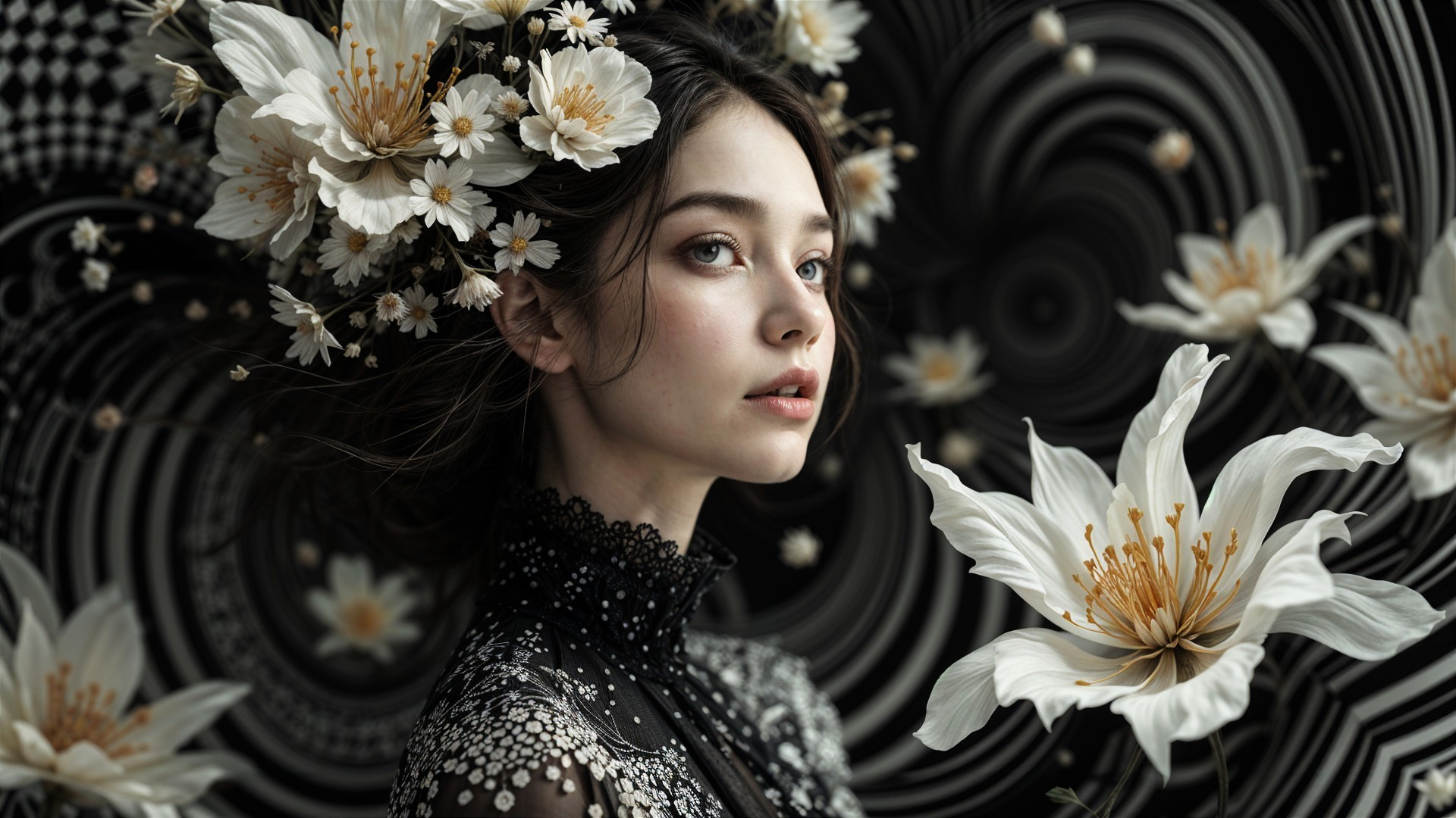 Portrait of a Young Woman with White Flowers in Hair