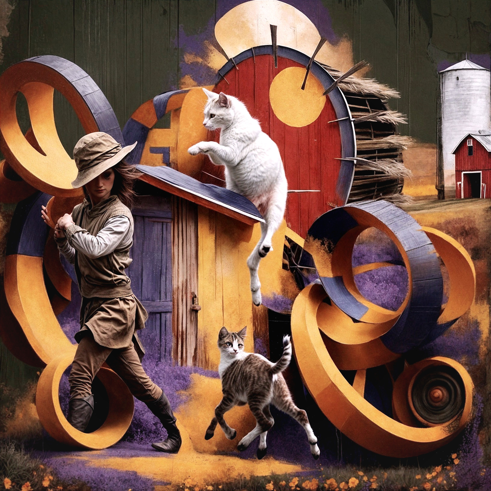 Child with cats in a vibrant surreal landscape