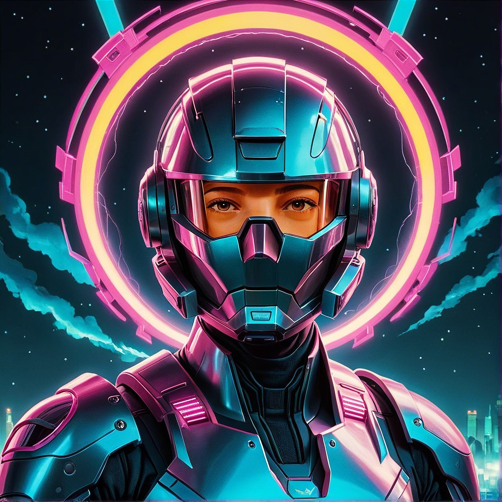 Futuristic character in metallic suit with neon accents