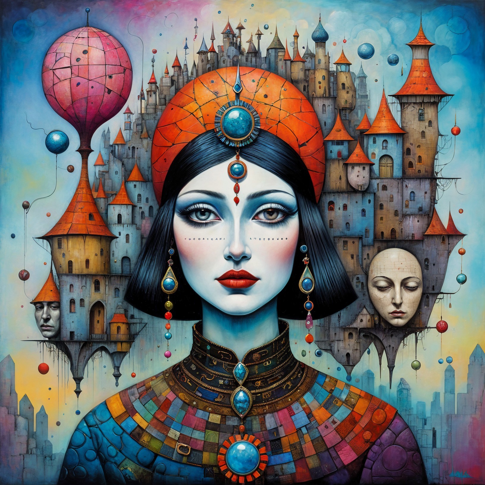 Woman in Red Headdress Amidst Dreamy Castles and Faces