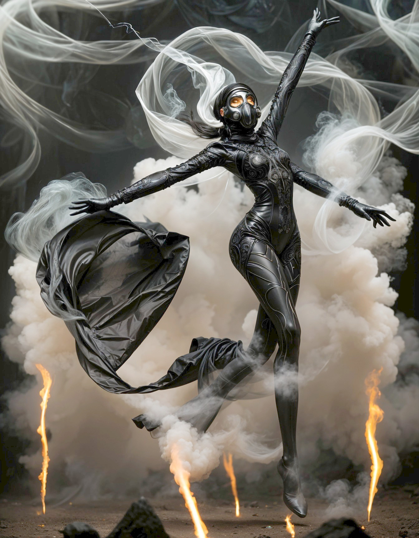 Futuristic figure in black bodysuit amid smoke and flames
