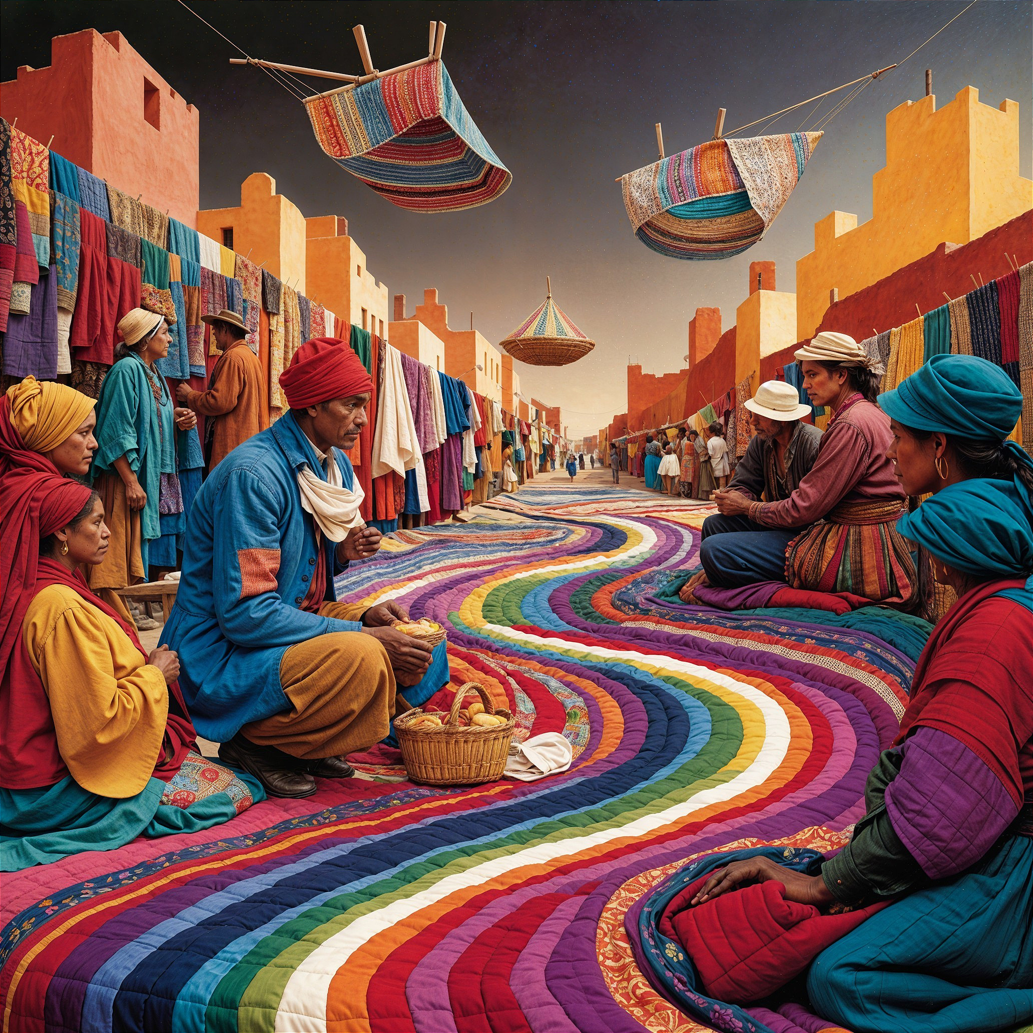 Vibrant Marketplace Scene with Colorful Textiles