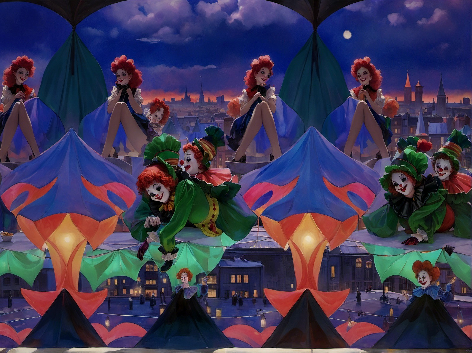 Young woman with red bouffant and clown below her