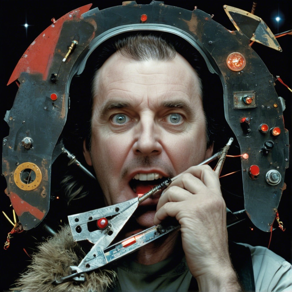 Man with Futuristic Helmet and Tool in Mouth