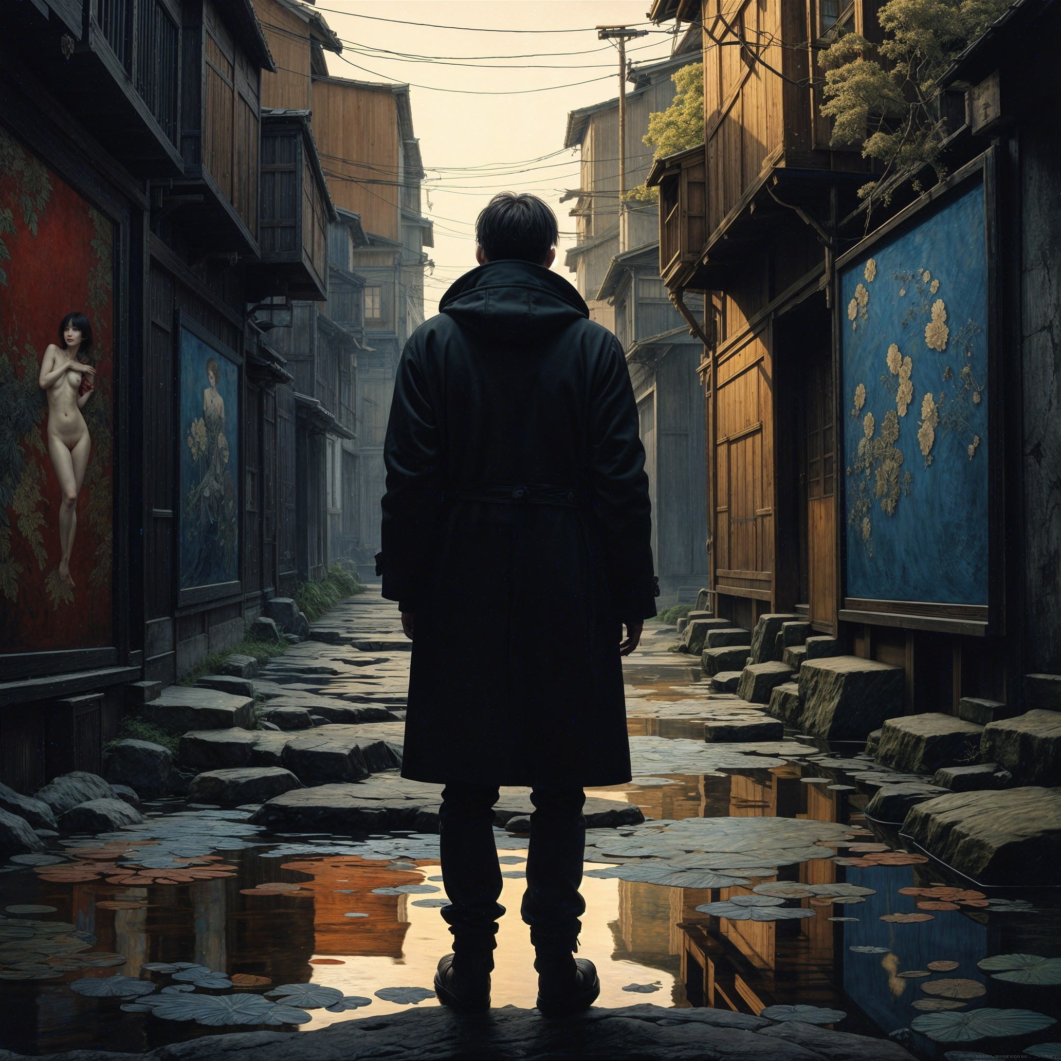 Misty Alley with Vibrant Art and Reflective Ground