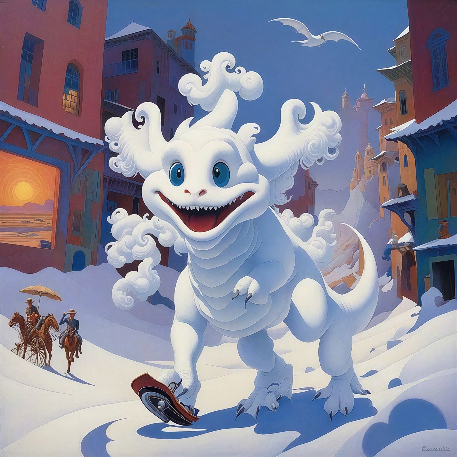 Fluffy White Dragon on Snowy Street Pulling a Sled