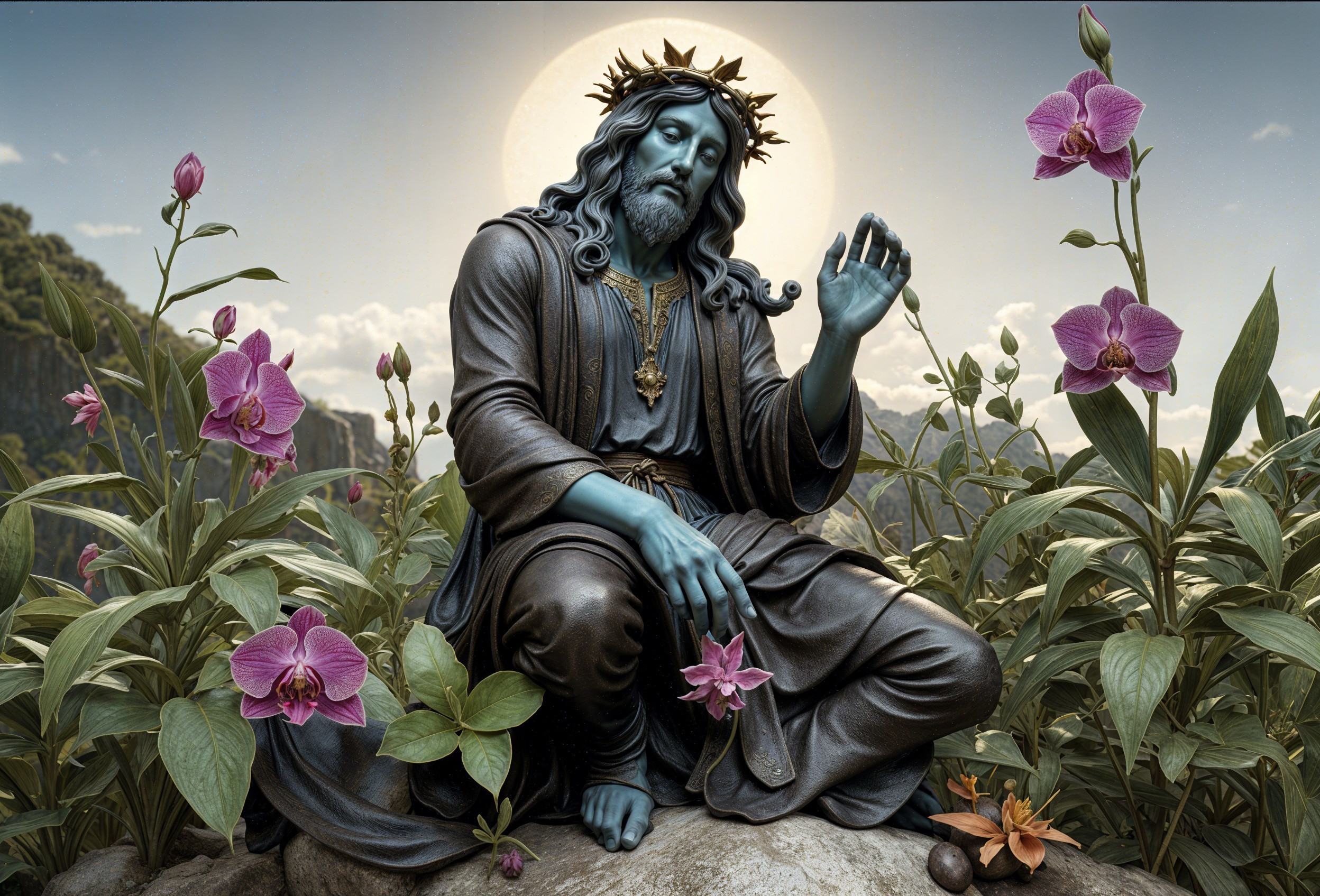 Serene Figure Surrounded by Lush Greenery and Orchids