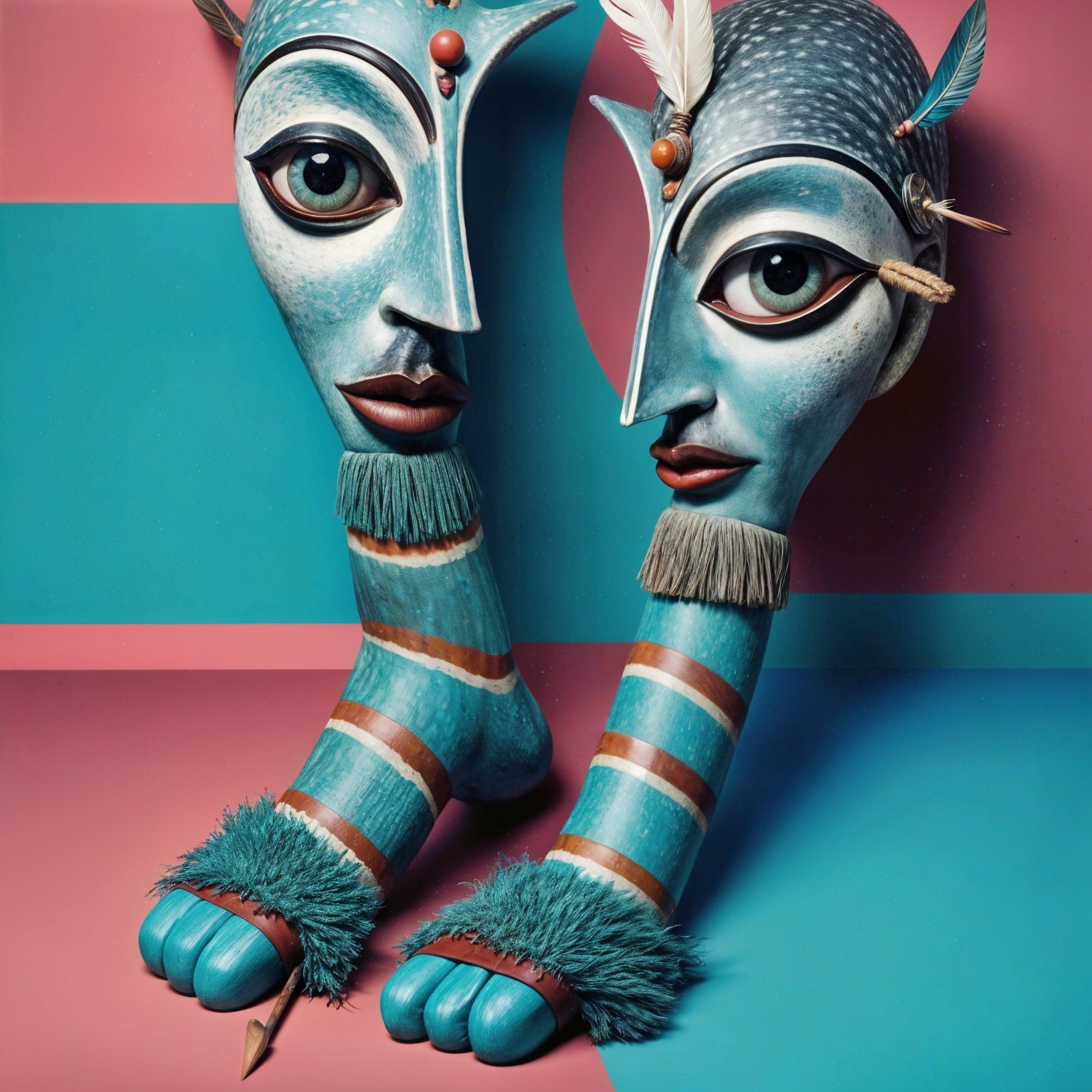 Stylized sculptures of human heads with vibrant colors