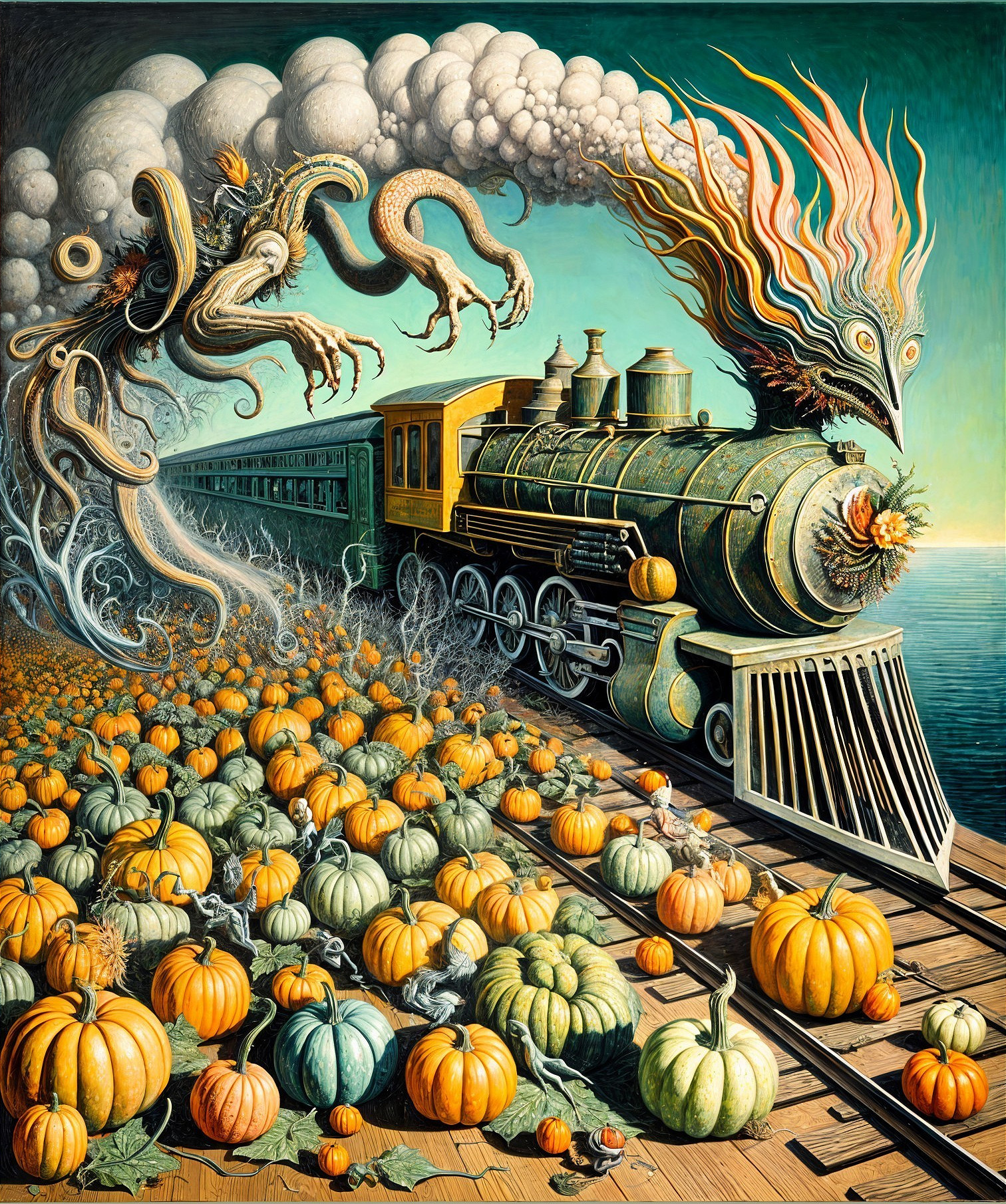 Surreal Vintage Train Amidst Vibrant Pumpkins and Water