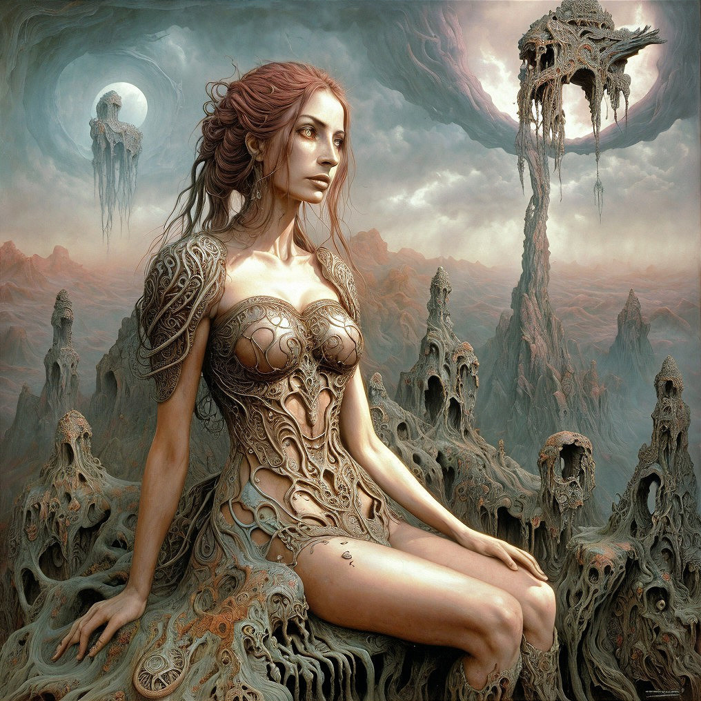 Surreal Scene of Woman in Organic Armor and Landscape