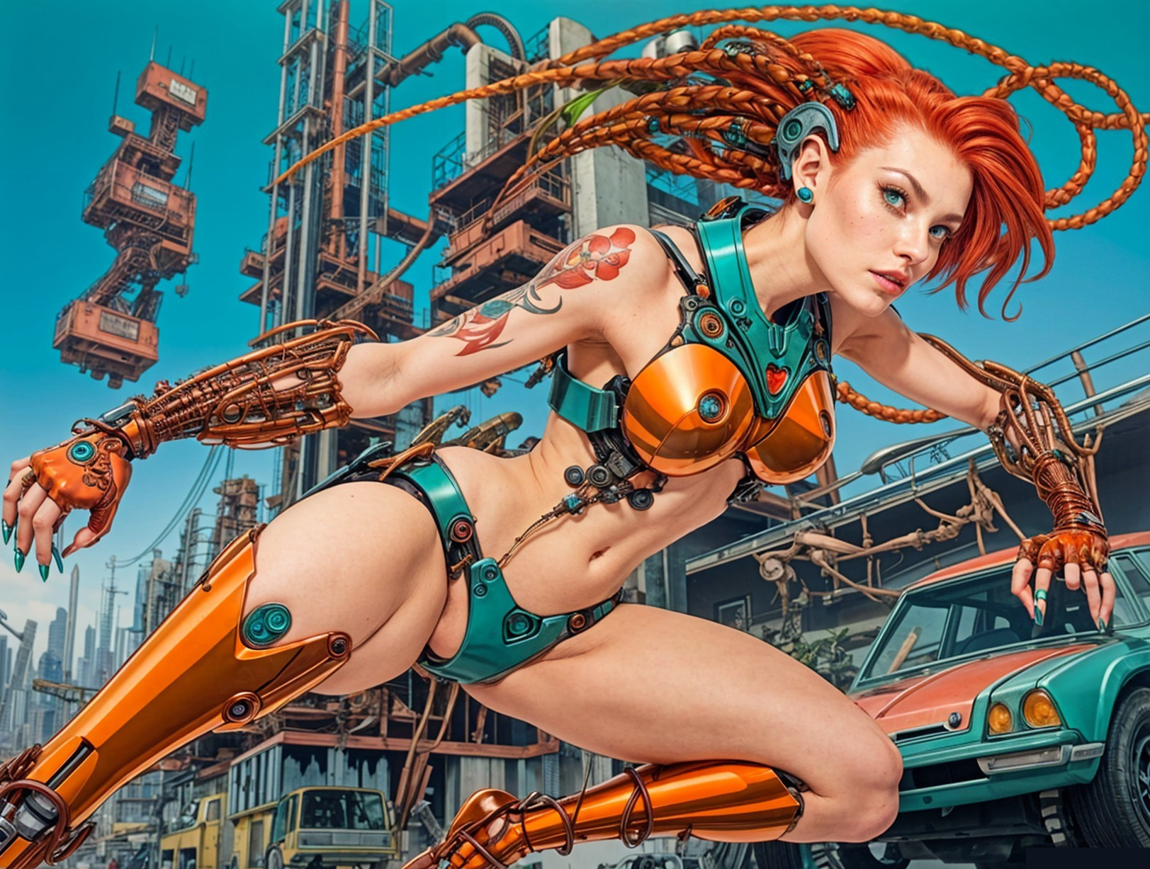 Vibrant Cyberpunk Scene with Futuristic Female Figure