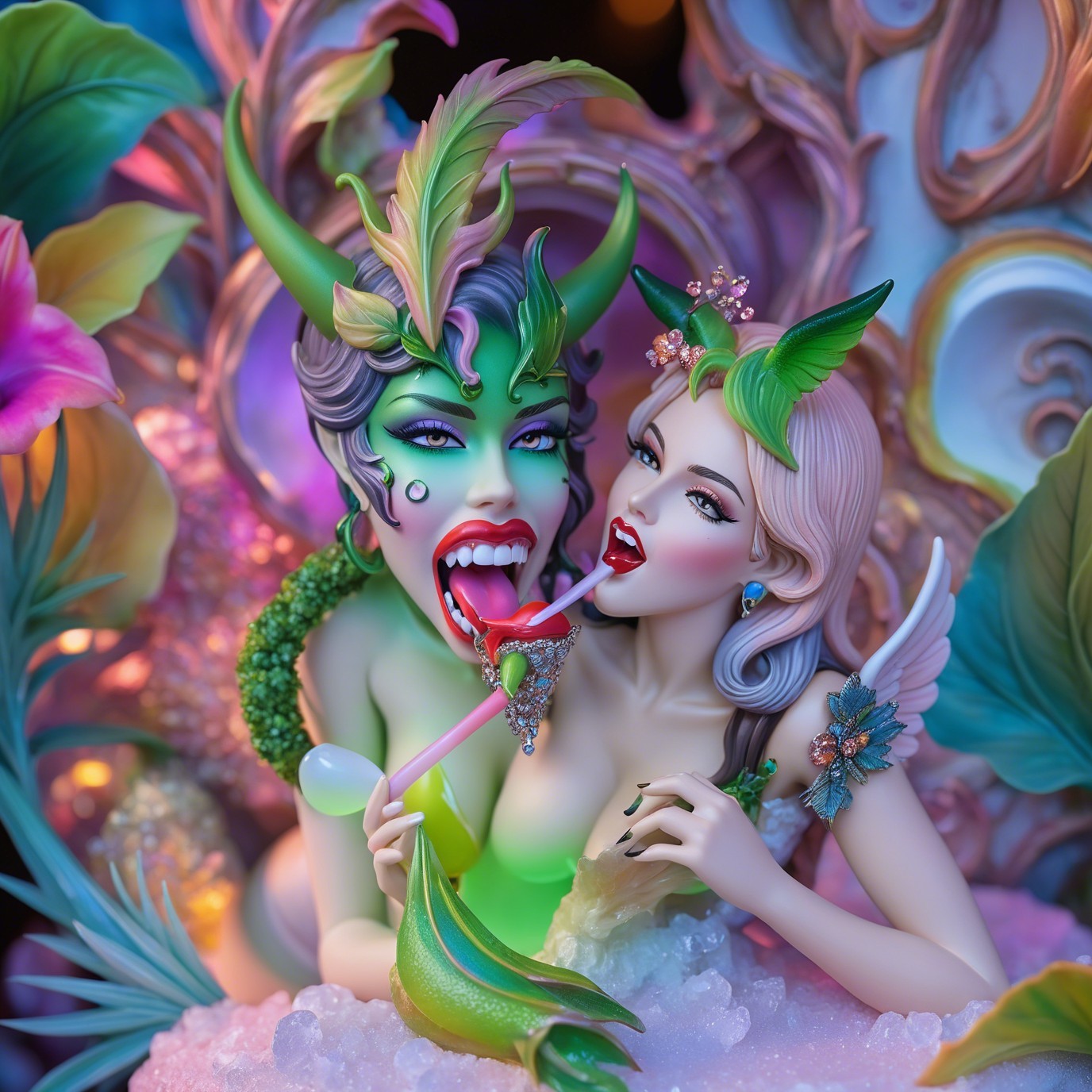 Intricately Designed Fantasy Figures in Floral Setting