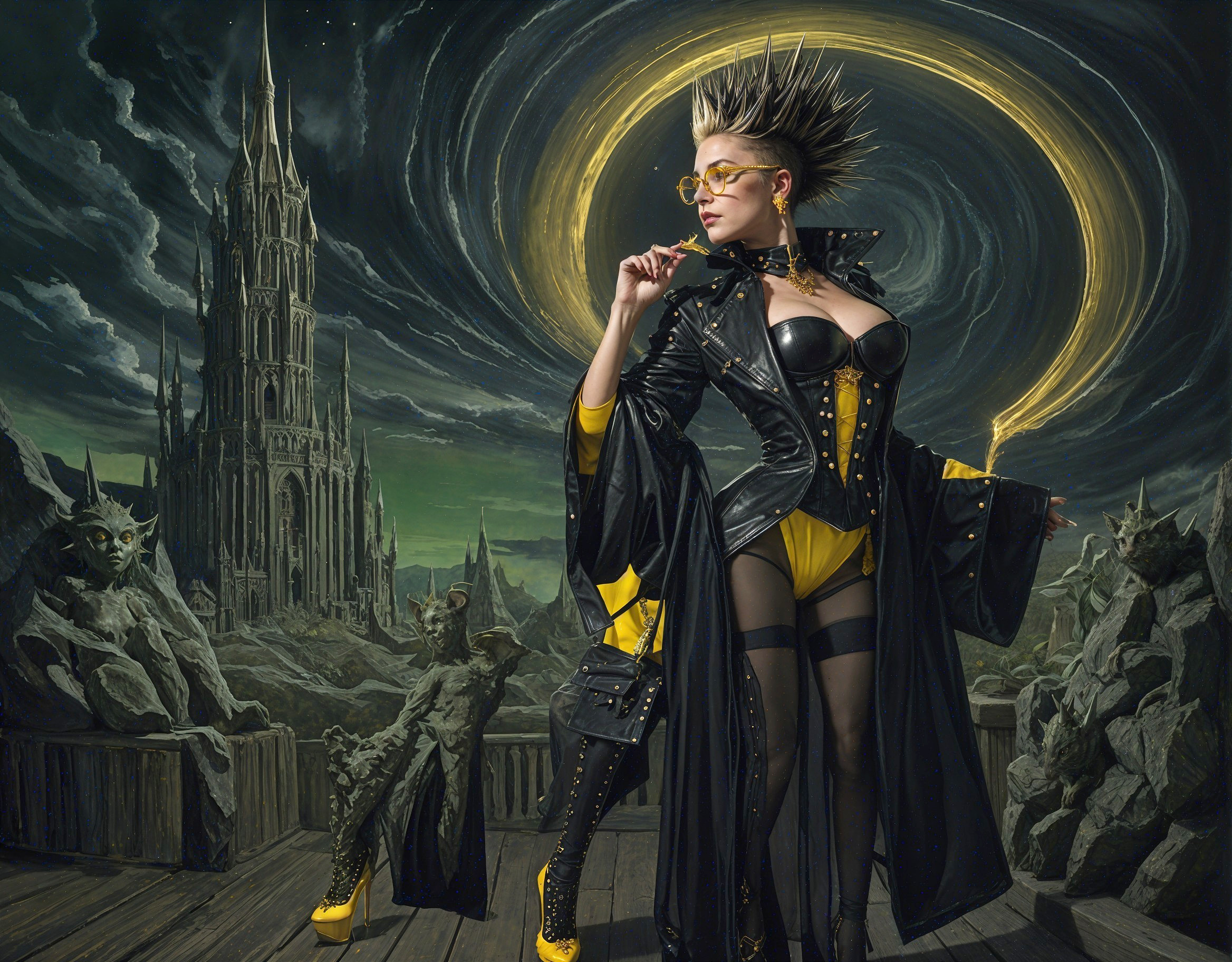 Gothic Landscape with Confident Figure in Vibrant Attire