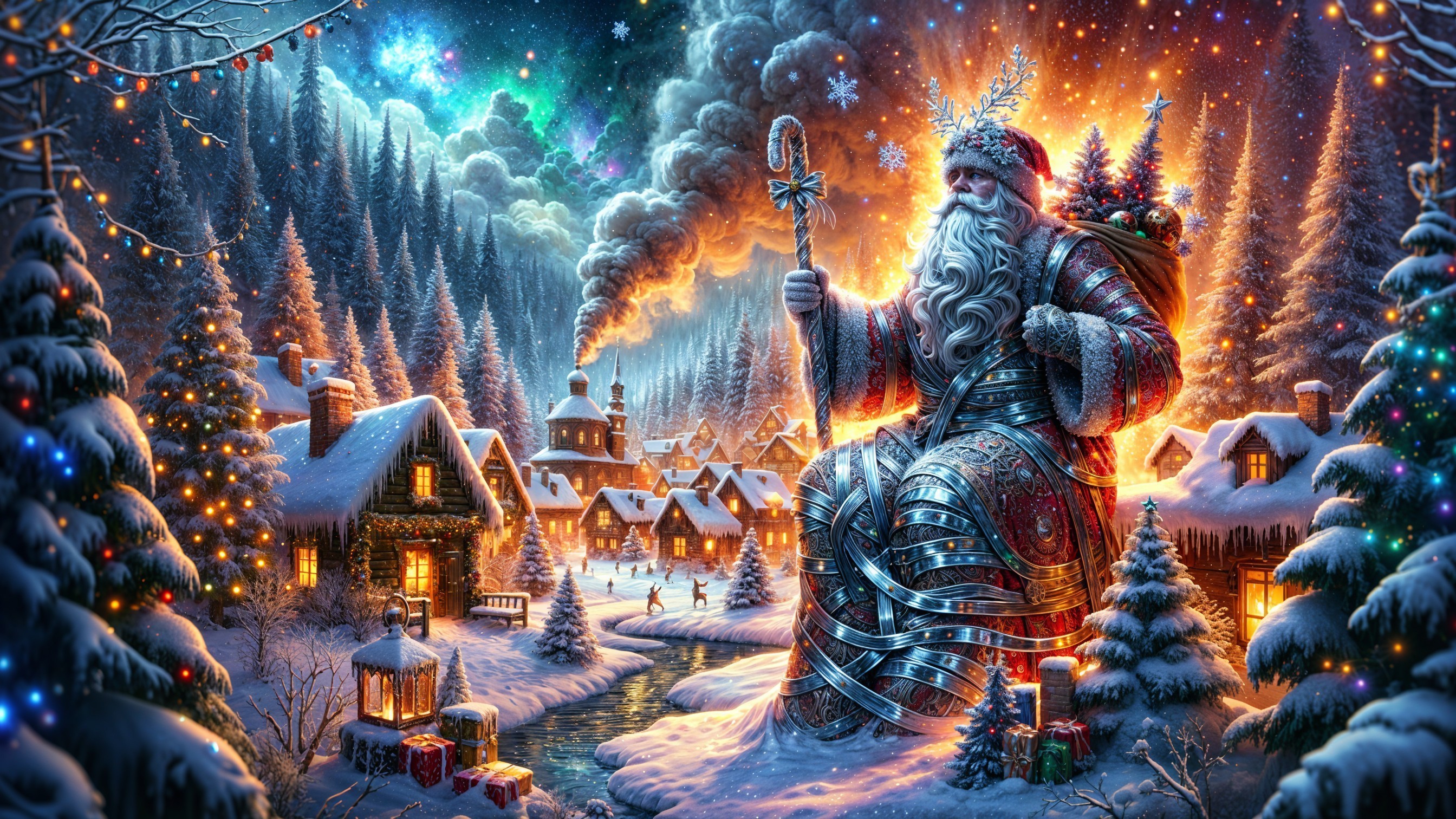 Magical Winter Scene with Santa Figure in Snowy Village