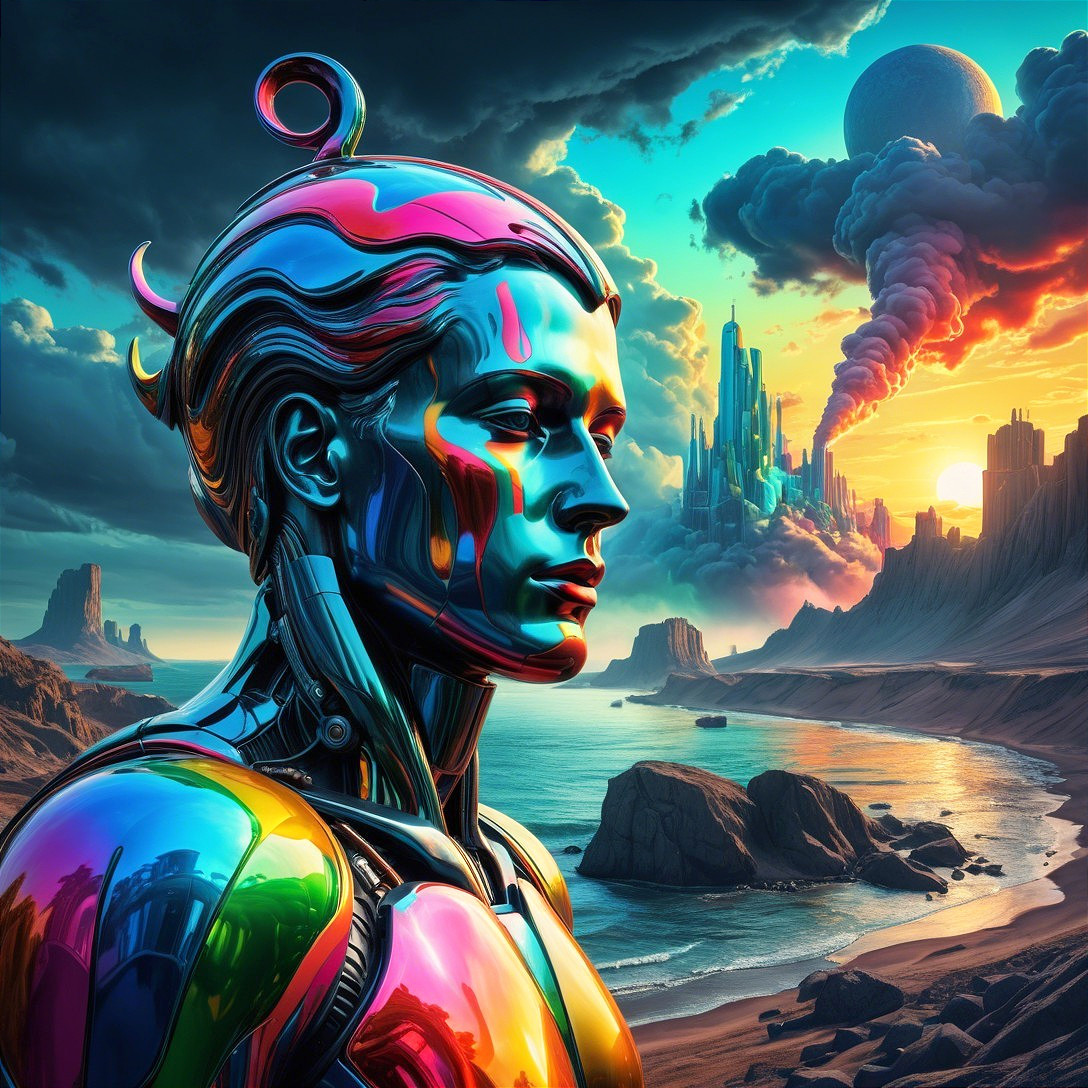 Futuristic Landscape with Metallic Robot and Coastline